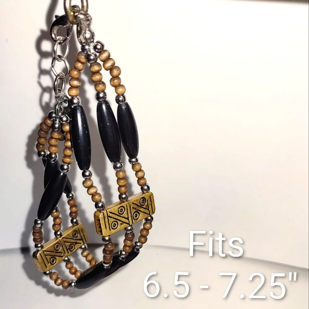 Tri-strand Black Beaded Wooden Beads Antique Gold Bracelet Elephant Charm
